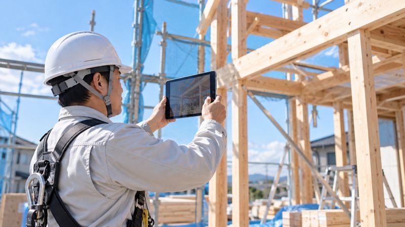 建設現場でタブレットを使い施工箇所を撮影する現場監督