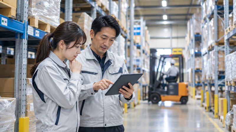 物流倉庫でタブレットを見ながら作業手順を確認する社員