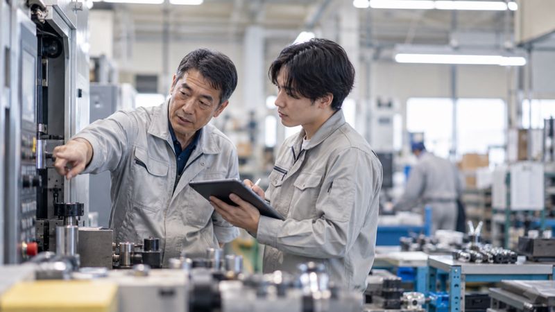 工場で手順を説明するベテラン社員と、タブレットに記録する若手社員